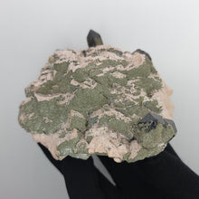 Load image into Gallery viewer, Morion Quartz and Druzy Epidote on Feldspar. 448g - The Crystal Connoisseurs
