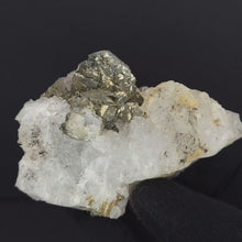 Load and play video in Gallery viewer, Pyrite Pseudomorph after Barite on Quartz. 228g
