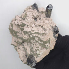 Load and play video in Gallery viewer, Morion Quartz and Druzy Epidote on Feldspar. 448g
